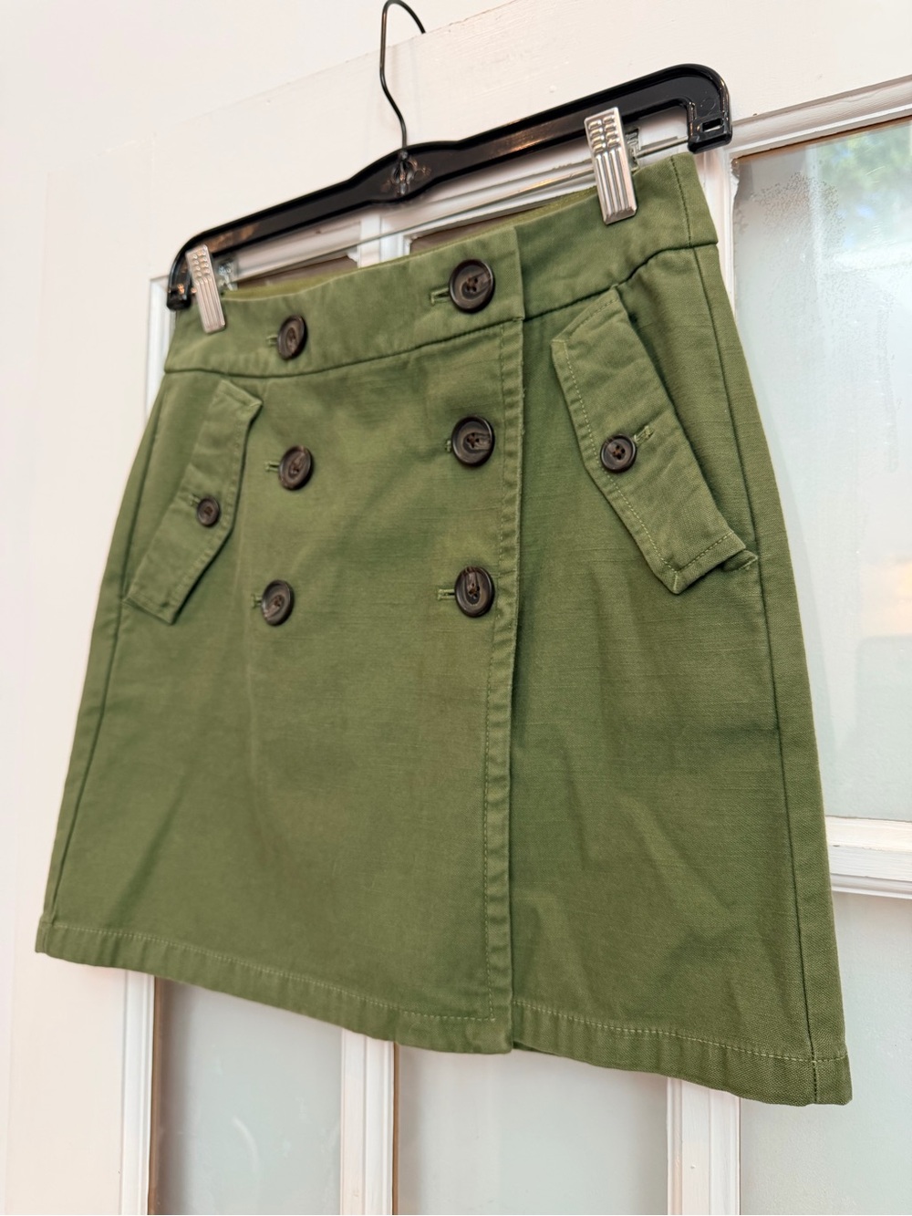 J. Crew Y2K Olive Army Green Cotton Twill Button Front Mini Skirt Size 00 XXS - Picture 2 of 11